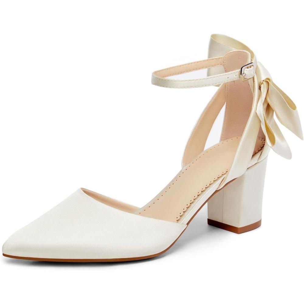 imageCoutgo Womens Chunky Heels Low Heel Ankle Strap DOrsay Pumps Closed Pointed Toe Wedding Bridal ShoesBeige