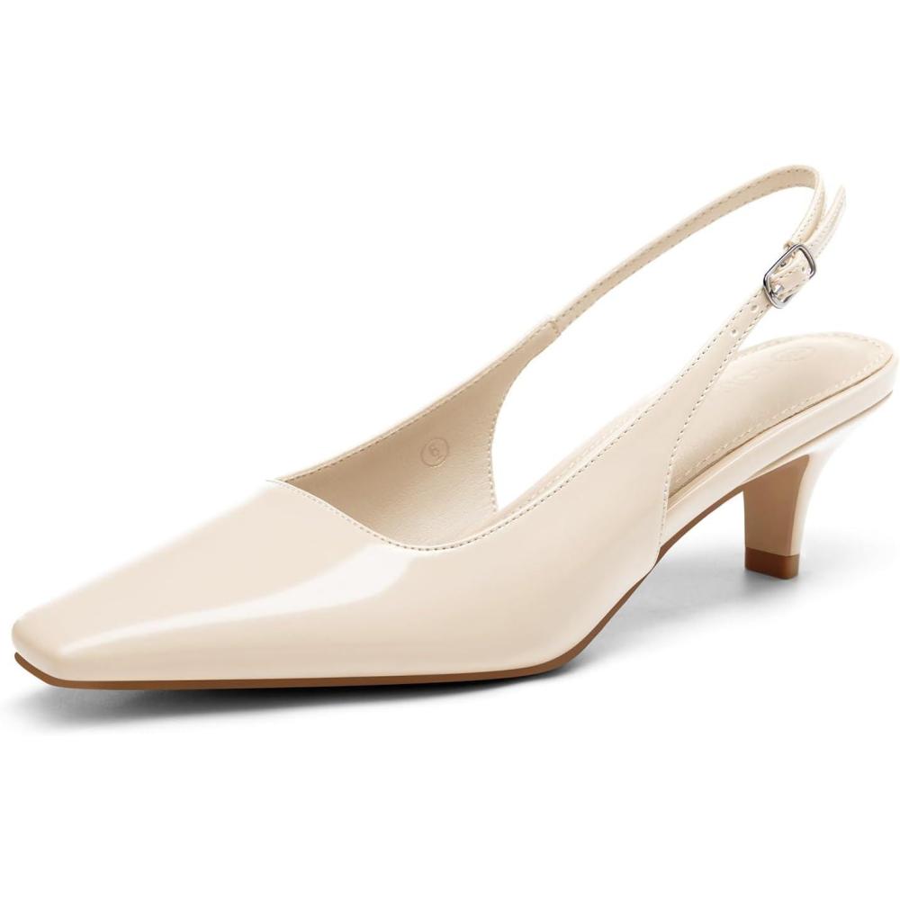 imageCoutgo Womens Kitten Low Heels Slingback Pumps Squared Point Toe Buckle Strap Wedding Party Dress ShoesCream White