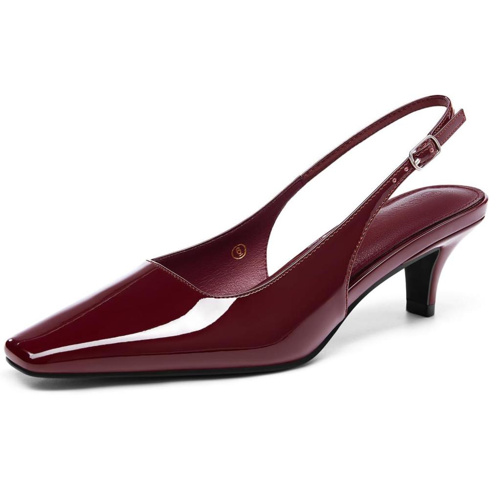imageCoutgo Womens Kitten Low Heels Slingback Pumps Squared Point Toe Buckle Strap Wedding Party Dress ShoesRedbrown