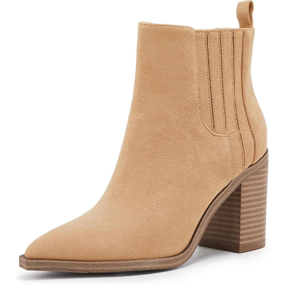 imageWomens Ankle Boots Slip on Pointed Toe Chunky Block Mid Heel Leather Elastic Panel Casual Chelsea Western BootiesCamel