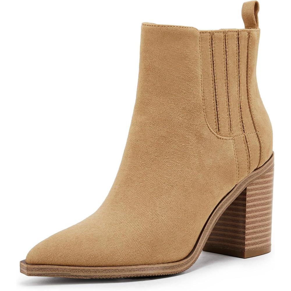 imageWomens Ankle Boots Slip on Pointed Toe Chunky Block Mid Heel Leather Elastic Panel Casual Chelsea Western BootiesKhaki