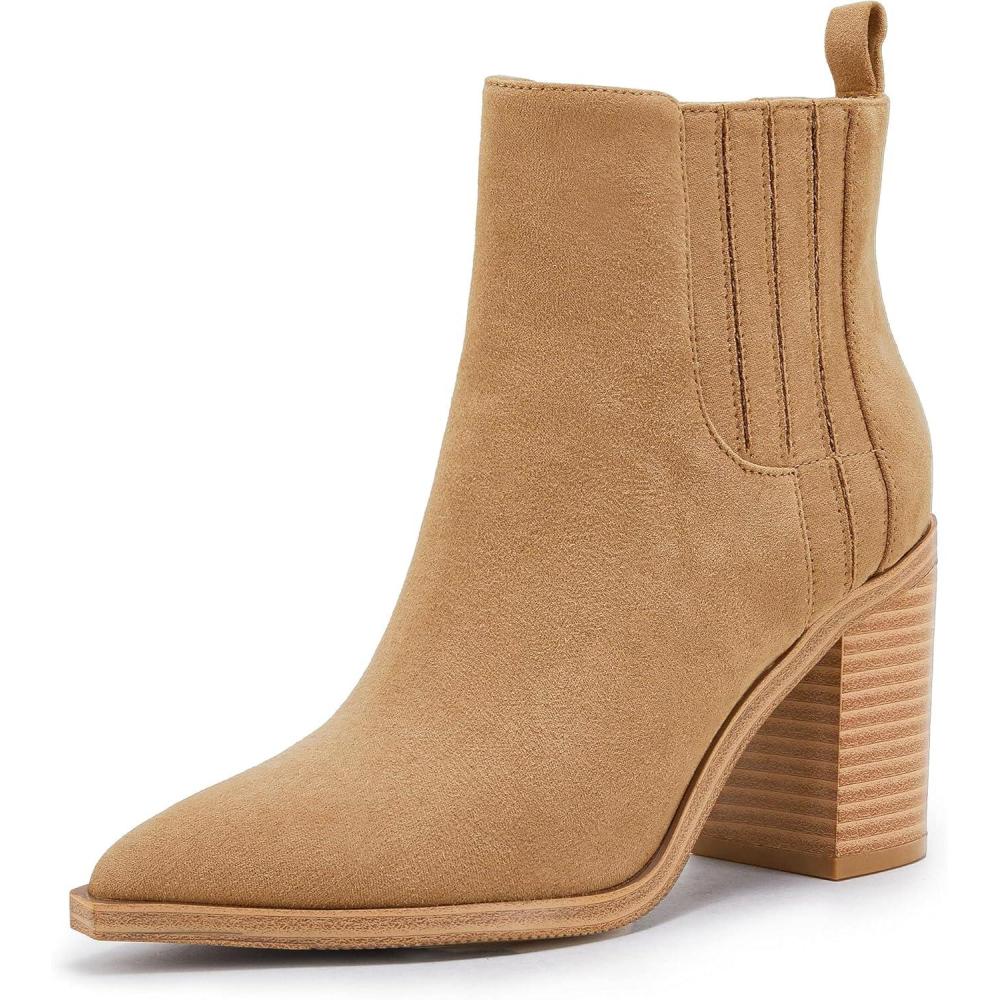 imageWomens Ankle Boots Slip on Pointed Toe Chunky Block Mid Heel Leather Elastic Panel Casual Chelsea Western BootiesLight Brown
