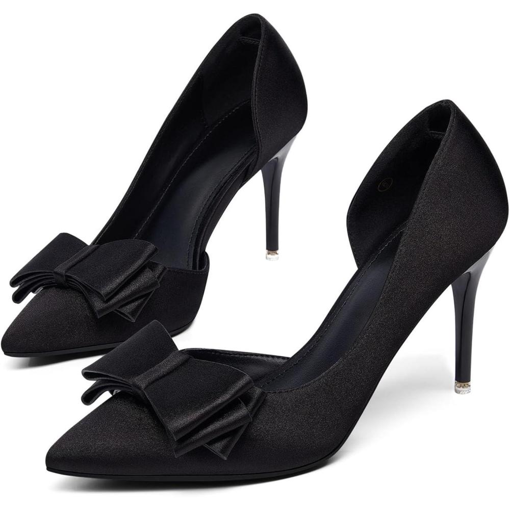 imageWomens Bow Heels Closed Pointed Toe Dress Shoes Stiletto Slip on Wedding PumpsBlacksatin