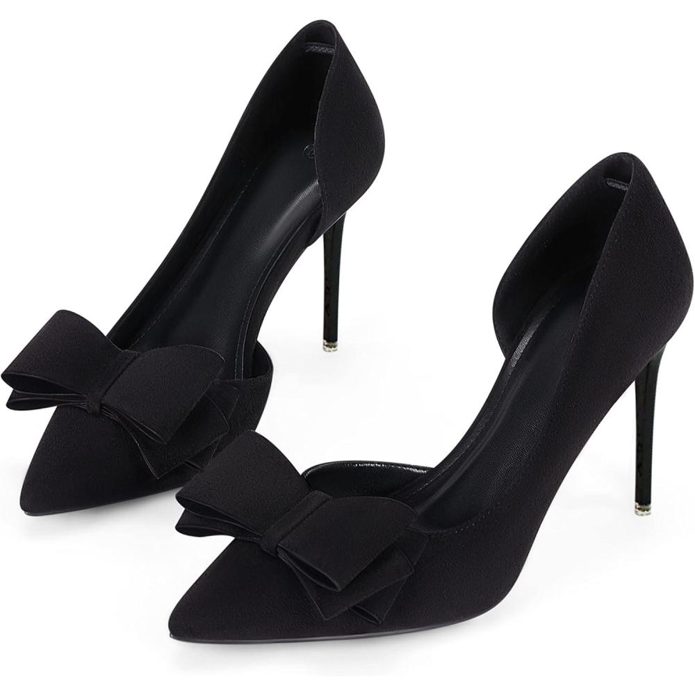 imageWomens Bow Heels Closed Pointed Toe Dress Shoes Stiletto Slip on Wedding PumpsBlacksuede