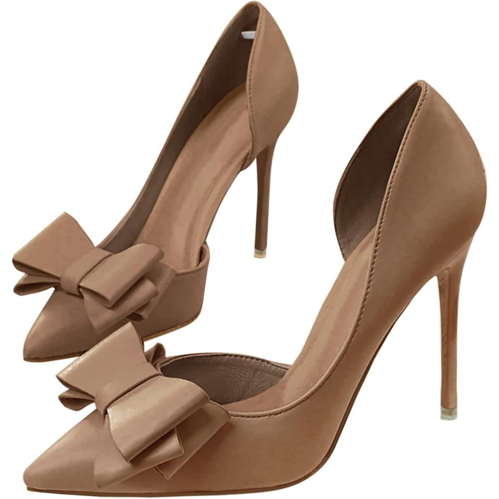 imageWomens Bow Heels Closed Pointed Toe Dress Shoes Stiletto Slip on Wedding PumpsCoffee