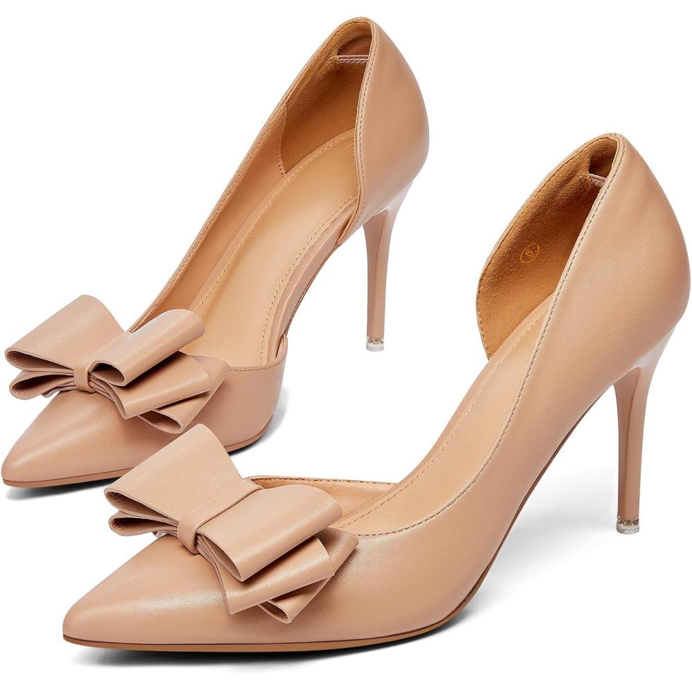imageWomens Bow Heels Closed Pointed Toe Dress Shoes Stiletto Slip on Wedding PumpsLight Khaki