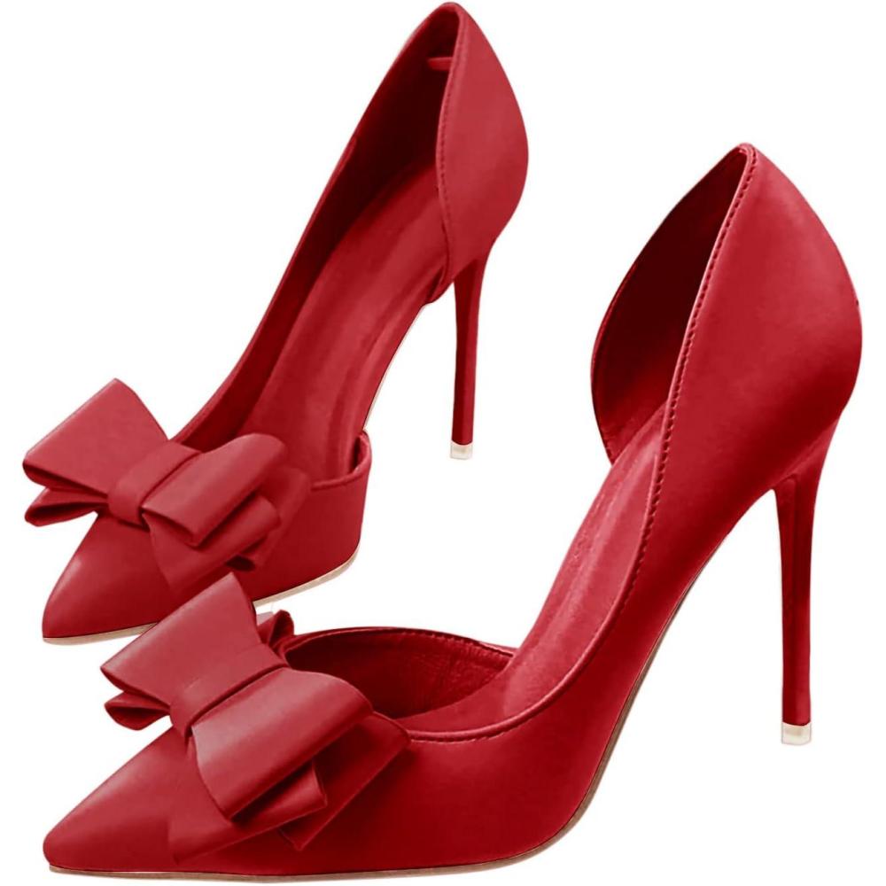 imageWomens Bow Heels Closed Pointed Toe Dress Shoes Stiletto Slip on Wedding PumpsWine Red