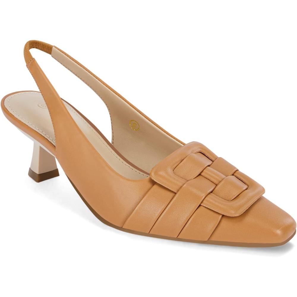 imageWomens Sling Back Kitten Heels Low Dress Shoes Slingback Pumps Pointed Closed Toe Comfortable Party Office SandalsLight Brownpu