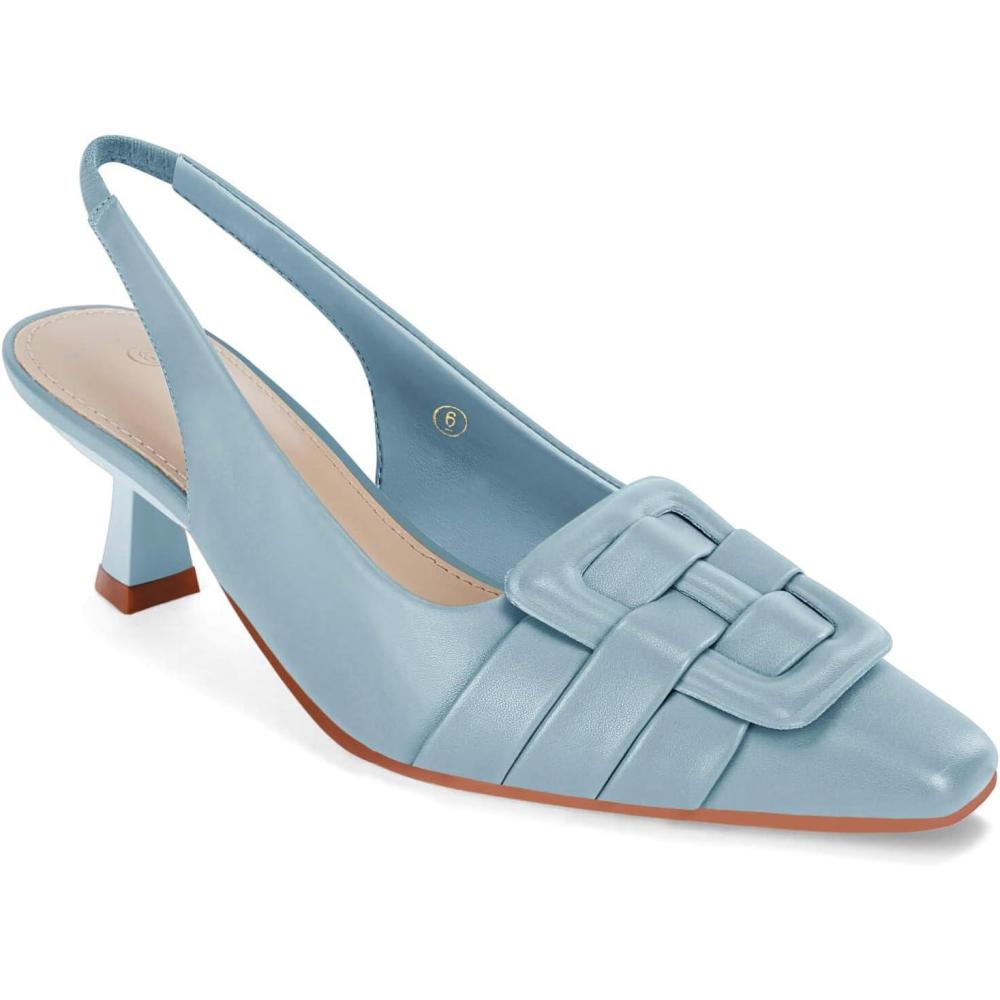imageWomens Sling Back Kitten Heels Low Dress Shoes Slingback Pumps Pointed Closed Toe Comfortable Party Office SandalsSky Blue