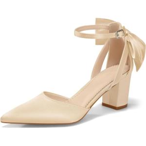 Coutgo Womens Chunky Heels Low Heel Ankle Strap D’Orsay Pumps Closed Pointed Toe Wedding Bridal Shoes(Champagne)