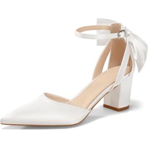 Coutgo Womens Chunky Heels Low Heel Ankle Strap D’Orsay Pumps Closed Pointed Toe Wedding Bridal Shoes(Ivory White)