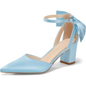 Coutgo Womens Chunky Heels Low Heel Ankle Strap D’Orsay Pumps Closed Pointed Toe Wedding Bridal Shoes(Light Blue)