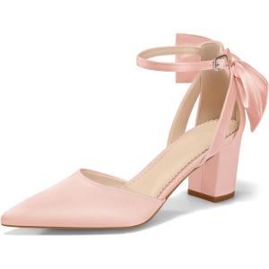 Coutgo Womens Chunky Heels Low Heel Ankle Strap D’Orsay Pumps Closed Pointed Toe Wedding Bridal Shoes(Pink)