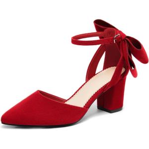 Coutgo Womens Chunky Heels Low Heel Ankle Strap D’Orsay Pumps Closed Pointed Toe Wedding Bridal Shoes(Red)