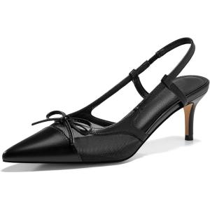 Coutgo Womens Kitten Heels Slingback Mesh Pumps Bow Tie Closed Pointed Toe Two Tone Slip on Work Dress Shoes(Black)