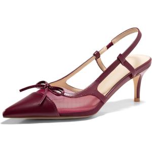 Coutgo Womens Kitten Heels Slingback Mesh Pumps Bow Tie Closed Pointed Toe Two Tone Slip on Work Dress Shoes(Burgundy)