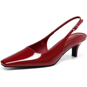 Coutgo Womens Kitten Low Heels Slingback Pumps Squared Point Toe Buckle Strap Wedding Party Dress Shoes(Burgundy)