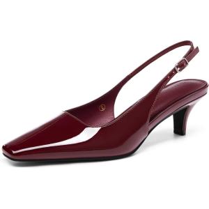 Coutgo Womens Kitten Low Heels Slingback Pumps Squared Point Toe Buckle Strap Wedding Party Dress Shoes(Red-brown)