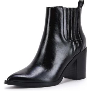 Womens Ankle Boots Slip on Pointed Toe Chunky Block Mid Heel Leather Elastic Panel Casual Chelsea Western Booties(Black)