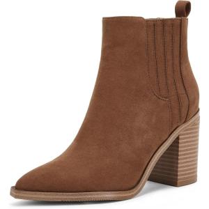 Womens Ankle Boots Slip on Pointed Toe Chunky Block Mid Heel Leather Elastic Panel Casual Chelsea Western Booties(Brown)