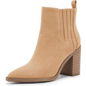 Womens Ankle Boots Slip on Pointed Toe Chunky Block Mid Heel Leather Elastic Panel Casual Chelsea Western Booties(Camel)