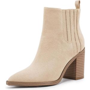 Womens Ankle Boots Slip on Pointed Toe Chunky Block Mid Heel Leather Elastic Panel Casual Chelsea Western Booties(Cream)