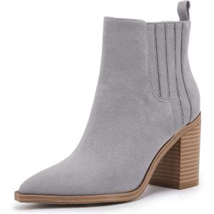 Womens Ankle Boots Slip on Pointed Toe Chunky Block Mid Heel Leather Elastic Panel Casual Chelsea Western Booties(Grey)