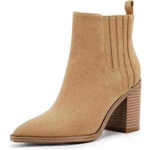 Womens Ankle Boots Slip on Pointed Toe Chunky Block Mid Heel Leather Elastic Panel Casual Chelsea Western Booties(Khaki)