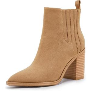 Womens Ankle Boots Slip on Pointed Toe Chunky Block Mid Heel Leather Elastic Panel Casual Chelsea Western Booties(Light Brown)
