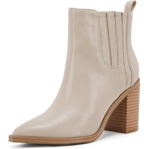 Womens Ankle Boots Slip on Pointed Toe Chunky Block Mid Heel Leather Elastic Panel Casual Chelsea Western Booties(Nude)