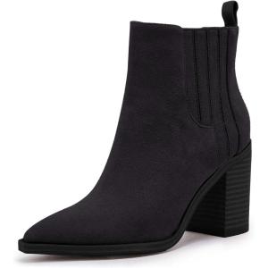 Womens Ankle Boots Slip on Pointed Toe Chunky Block Mid Heel Leather Elastic Panel Casual Chelsea Western Booties(Pure Black)