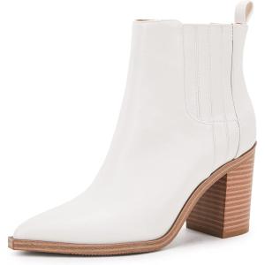 Womens Ankle Boots Slip on Pointed Toe Chunky Block Mid Heel Leather Elastic Panel Casual Chelsea Western Booties(White)