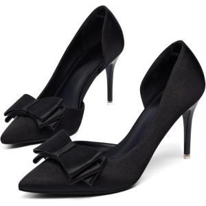Womens Bow Heels Closed Pointed Toe Dress Shoes Stiletto Slip on Wedding Pumps(Black-satin)
