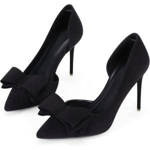Womens Bow Heels Closed Pointed Toe Dress Shoes Stiletto Slip on Wedding Pumps(Black-suede)