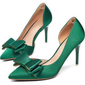 Womens Bow Heels Closed Pointed Toe Dress Shoes Stiletto Slip on Wedding Pumps(Green-satin)