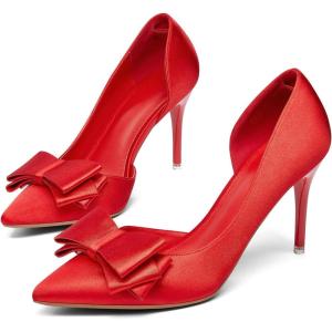 Womens Bow Heels Closed Pointed Toe Dress Shoes Stiletto Slip on Wedding Pumps(Red-satin)