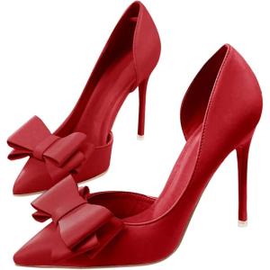 Womens Bow Heels Closed Pointed Toe Dress Shoes Stiletto Slip on Wedding Pumps(Wine Red)