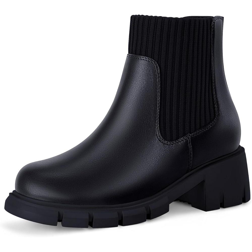 imageCoutgo Girl Boots Kids Ankle Boots Back Zipper Round Toe Chelsea Platform Elastic Short Booties Snow Boots for Little KidsBig KidsBlack
