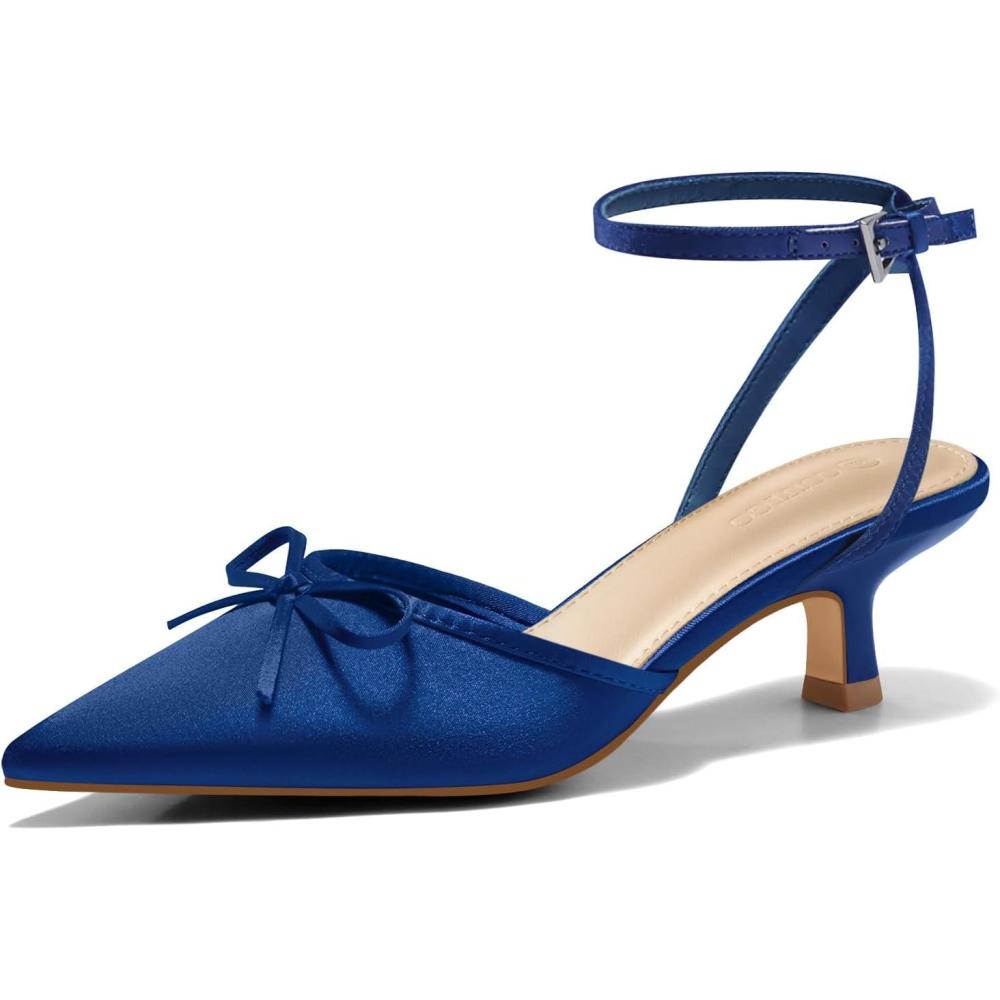 imageCoutgo Satin Kitten Low Heels with Bow Closed Pointed Toe Short Pumps Dress Wedding Party ShoesNavy