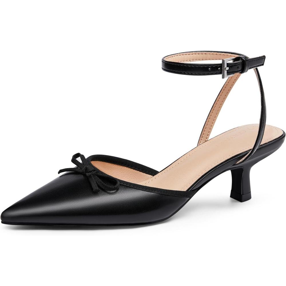 imageCoutgo Satin Kitten Low Heels with Bow Closed Pointed Toe Short Pumps Dress Wedding Party ShoesPu Black