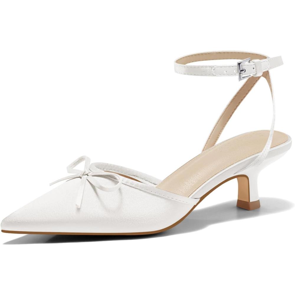 imageCoutgo Satin Kitten Low Heels with Bow Closed Pointed Toe Short Pumps Dress Wedding Party ShoesWhite