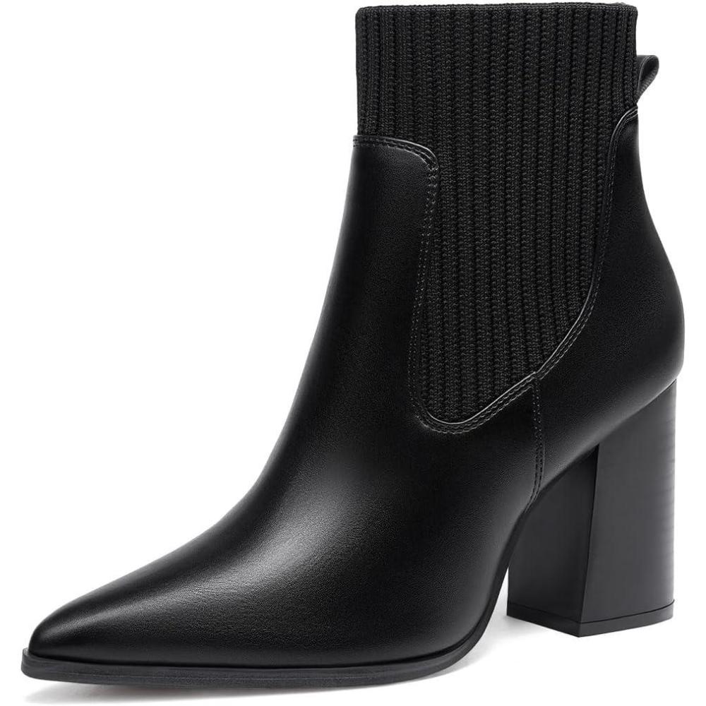 imageCoutgo Women Ankle Boots Sock Booties Pointed Toe Chunky Stacked High Heel Knit Chelsea Winter Dress BootiesBlack