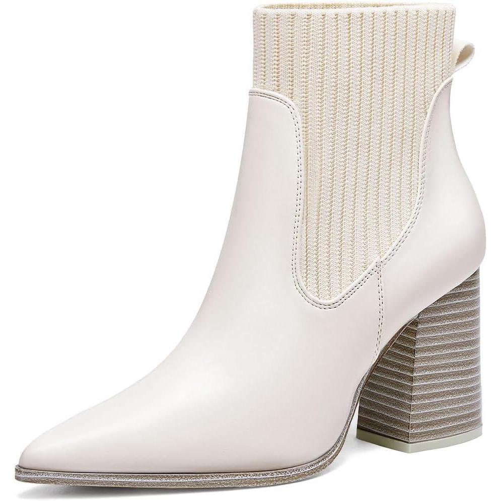 imageCoutgo Women Ankle Boots Sock Booties Pointed Toe Chunky Stacked High Heel Knit Chelsea Winter Dress BootiesWhite
