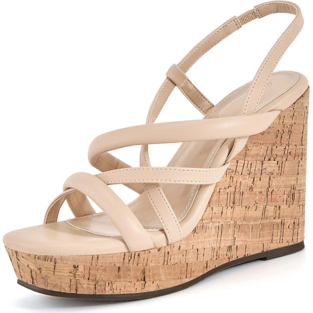 imageCoutgo Women Platform Wedge Sandals Cork Slingback Wedges Espadrilles Heels Summer ShoesBeige
