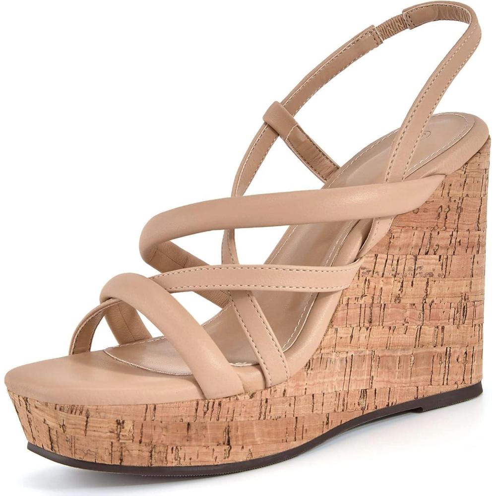 imageCoutgo Women Platform Wedge Sandals Cork Slingback Wedges Espadrilles Heels Summer ShoesKhaki