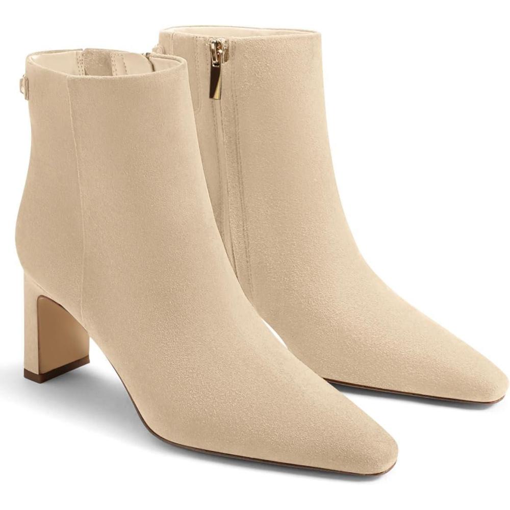 imageCoutgo Womens Ankle Boots Chunky Heel Closed Square Toe Booties Side Zipper Winter Dress ShoesNude