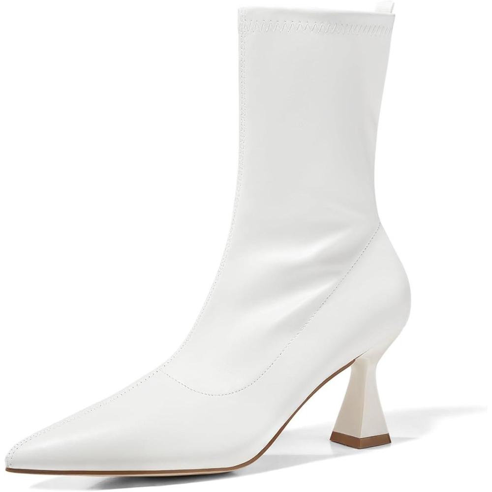 imageCoutgo Womens Ankle Boots Pointed Toe Low Kitten Heel Side Zipper Office Dress Fall Booties ShoesWhite