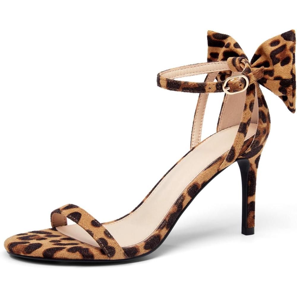 imageCoutgo Womens Ankle Strap High Heels Open Toe Stiletto Bow Tie Knot Heeled Sandals Fashion Wedding Dress Pump ShoesLeopard Print