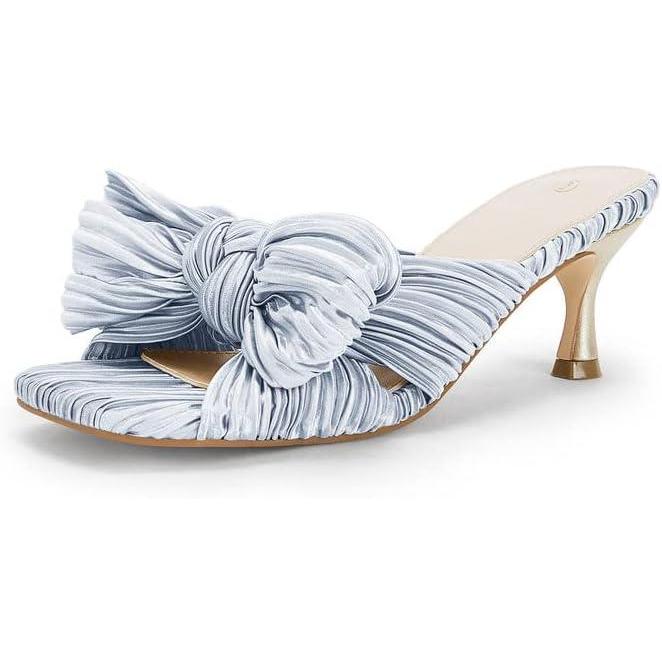 imageCoutgo Womens Bow Heeled Sandals Pleated Bowknot Heels Open Square Toe Cute Kitten Heel Mules Slip On Wedding Dress ShoesBlue Gray