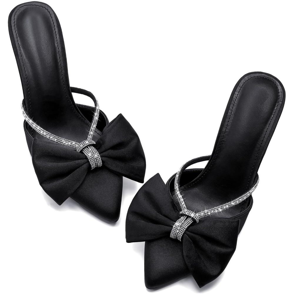 imageCoutgo Womens Bow Heels Mules Pointed Closed Toe Sandals Rhinestone Satin Backless Wedding ShoesBlack